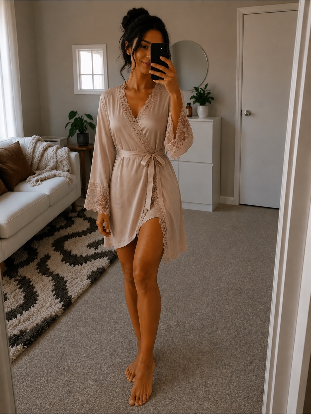 NIKA Lace-Trim Wrap Robe - Nude Blush